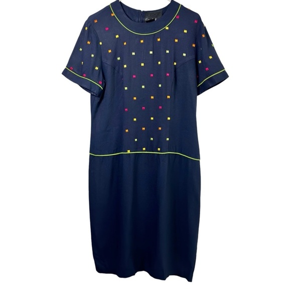 ANTHONY MARK HANKINS COLORFUL NAVY PINK ORANGE YELLOW GREEN DRESS SIZE 14 - Picture 1 of 5